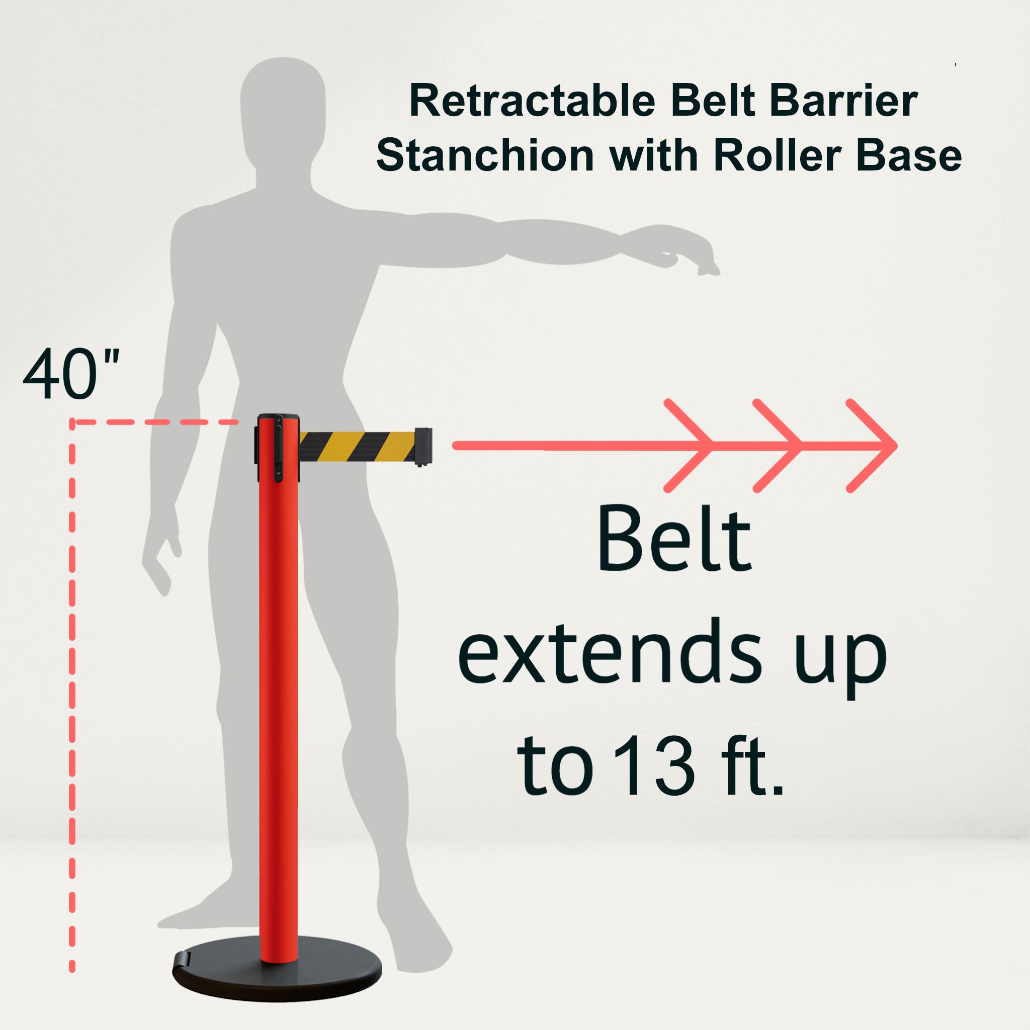 Retractable Belt Barrier Stanchion, Rolling Base, Red Steel Post, 13 ft Belt - Montour Line MSE630 - Crowd Control Warehouse