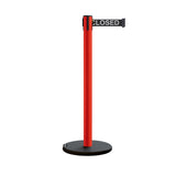 Retractable Belt Barrier Stanchion, Rolling Base, Red Steel Post, 13 ft Belt - Montour Line MSE630 - Crowd Control Warehouse