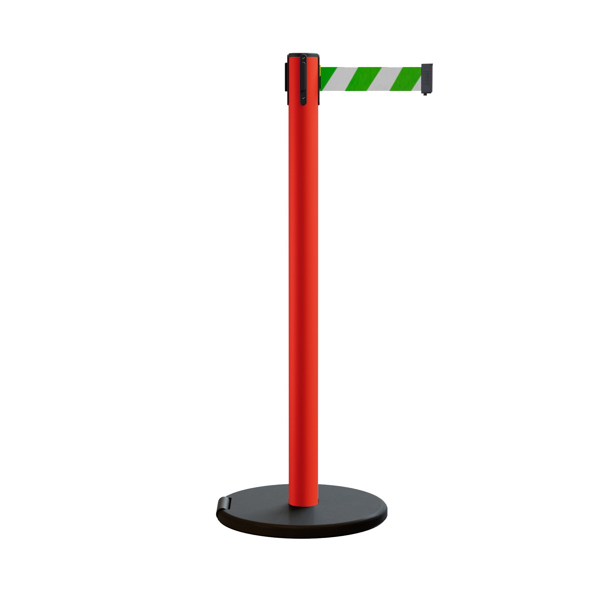 Retractable Belt Barrier Stanchion, Rolling Base, Red Steel Post, 7.5 ft Belt - Montour Line MSE630 - Crowd Control Warehouse