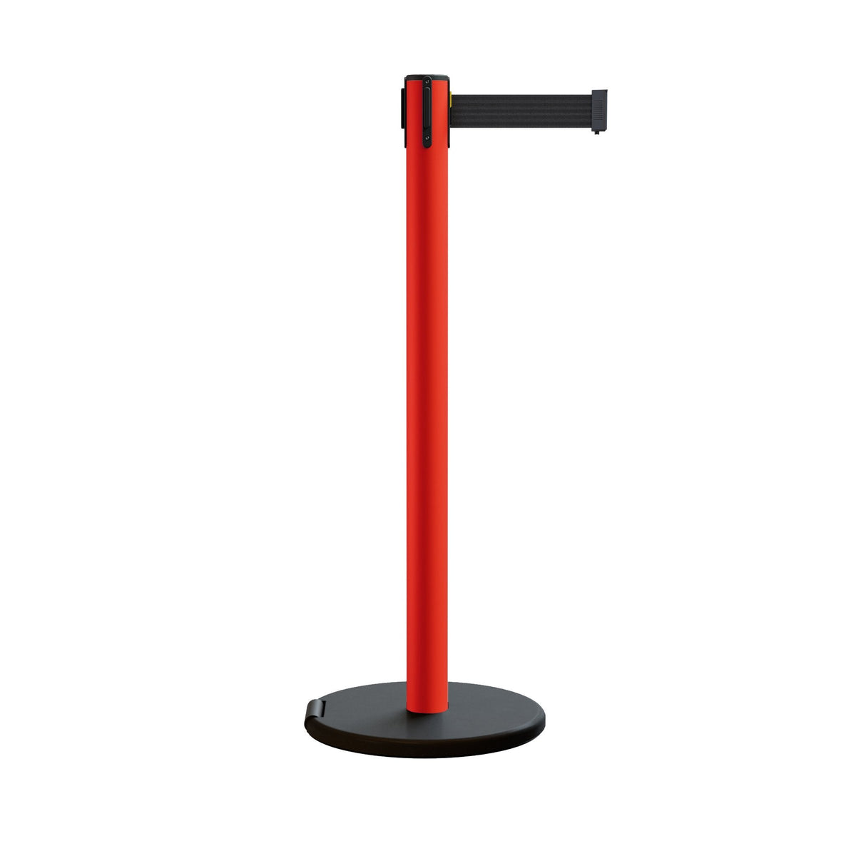 Retractable Belt Barrier Stanchion, Rolling Base, Red Steel Post, 7.5 ft Belt - Montour Line MSE630 - Crowd Control Warehouse