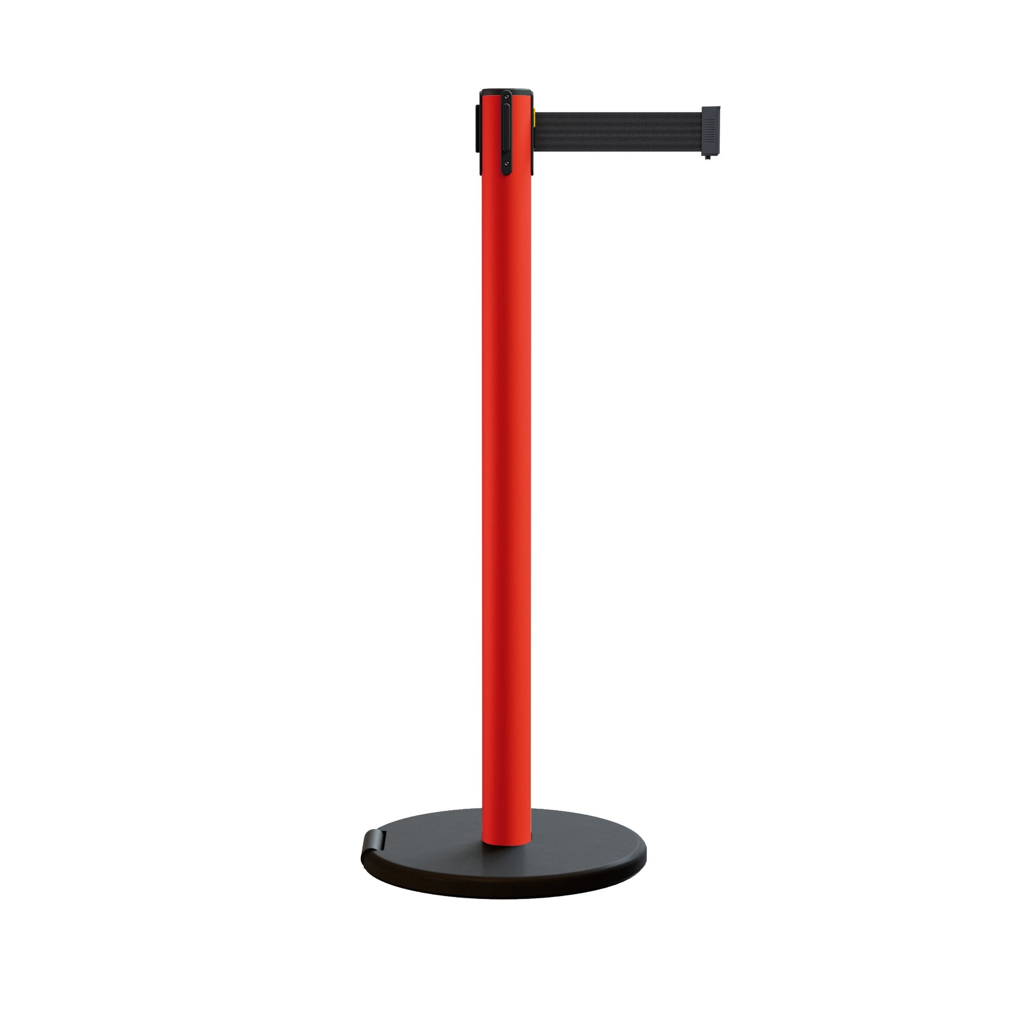 Retractable Belt Barrier Stanchion, Rolling Base, Red Steel Post, 7.5 ft Belt - Montour Line MSE630 - Crowd Control Warehouse