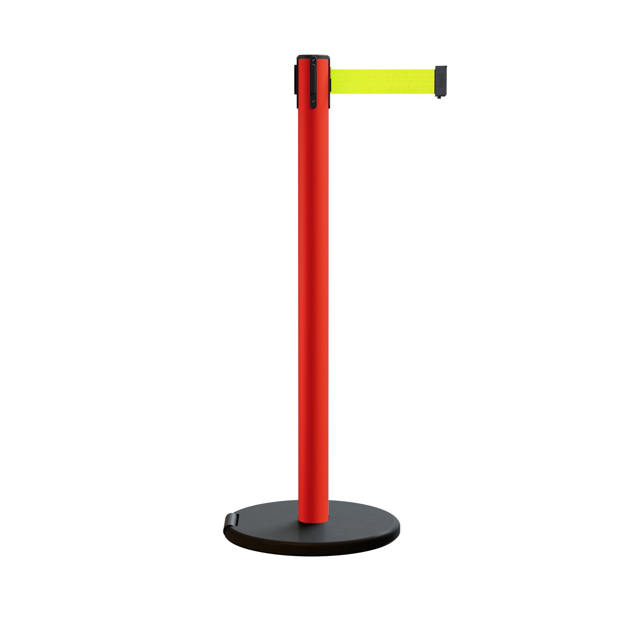 Retractable Belt Barrier Stanchion, Rolling Base, Red Steel Post, 7.5 ft Belt - Montour Line MSE630 - Crowd Control Warehouse