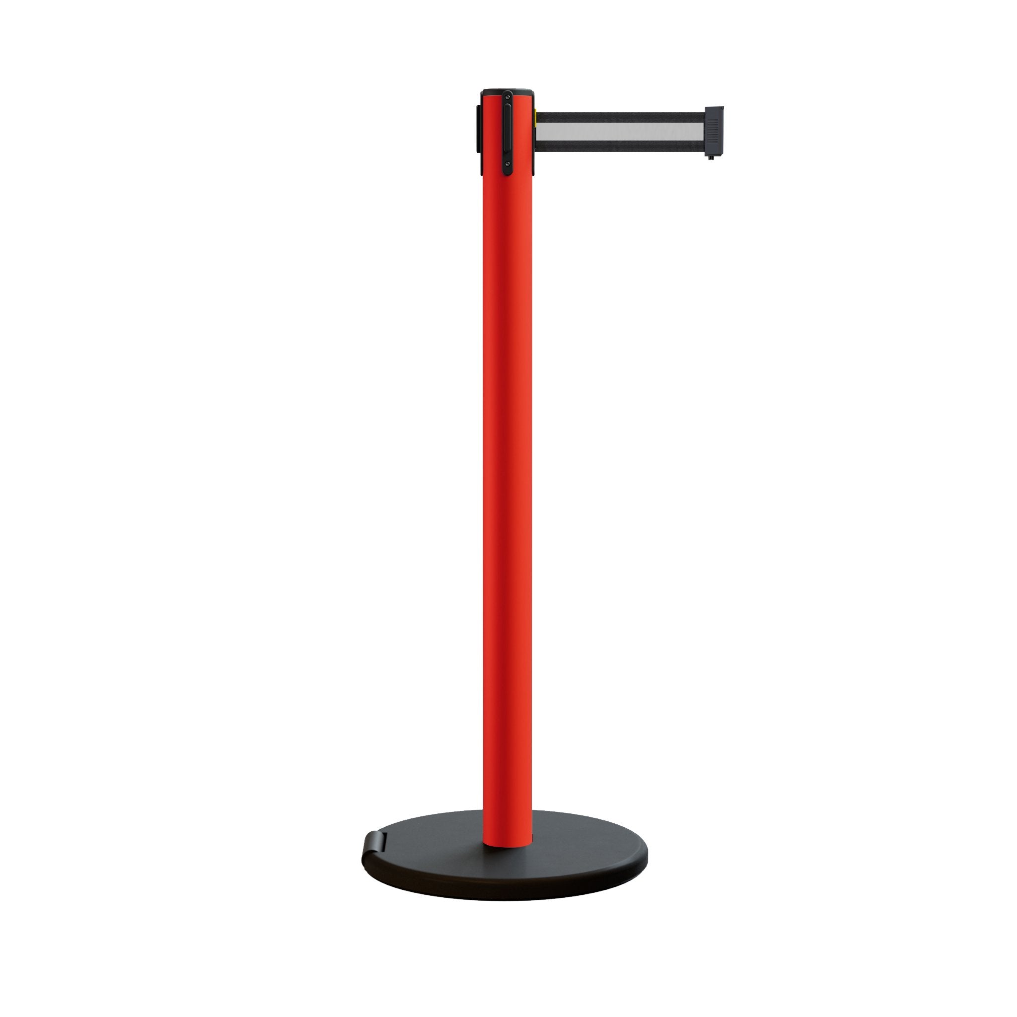Retractable Belt Barrier Stanchion, Rolling Base, Red Steel Post, 7.5 ft Belt - Montour Line MSE630 - Crowd Control Warehouse