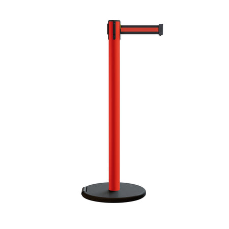 Retractable Belt Barrier Stanchion, Rolling Base, Red Steel Post, 9 ft Belt - Montour Line MSE630 - Crowd Control Warehouse