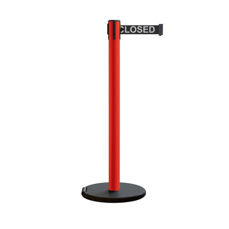 Retractable Belt Barrier Stanchion, Rolling Base, Red Steel Post, 9 ft Belt - Montour Line MSE630 - Crowd Control Warehouse
