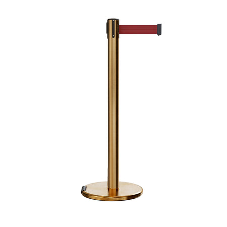 Retractable Belt Barrier Stanchion, Rolling Base, Satin Brass Post, 11 ft Belt - Montour Line ME630 - Crowd Control Warehouse
