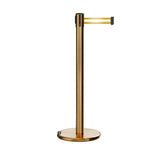Retractable Belt Barrier Stanchion, Rolling Base, Satin Brass Post, 11 ft Belt - Montour Line ME630 - Crowd Control Warehouse