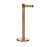 Retractable Belt Barrier Stanchion, Rolling Base, Satin Brass Post, 11 ft Belt - Montour Line ME630 - Crowd Control Warehouse