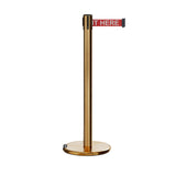 Retractable Belt Barrier Stanchion, Rolling Base, Satin Brass Post, 11 ft Belt - Montour Line ME630 - Crowd Control Warehouse