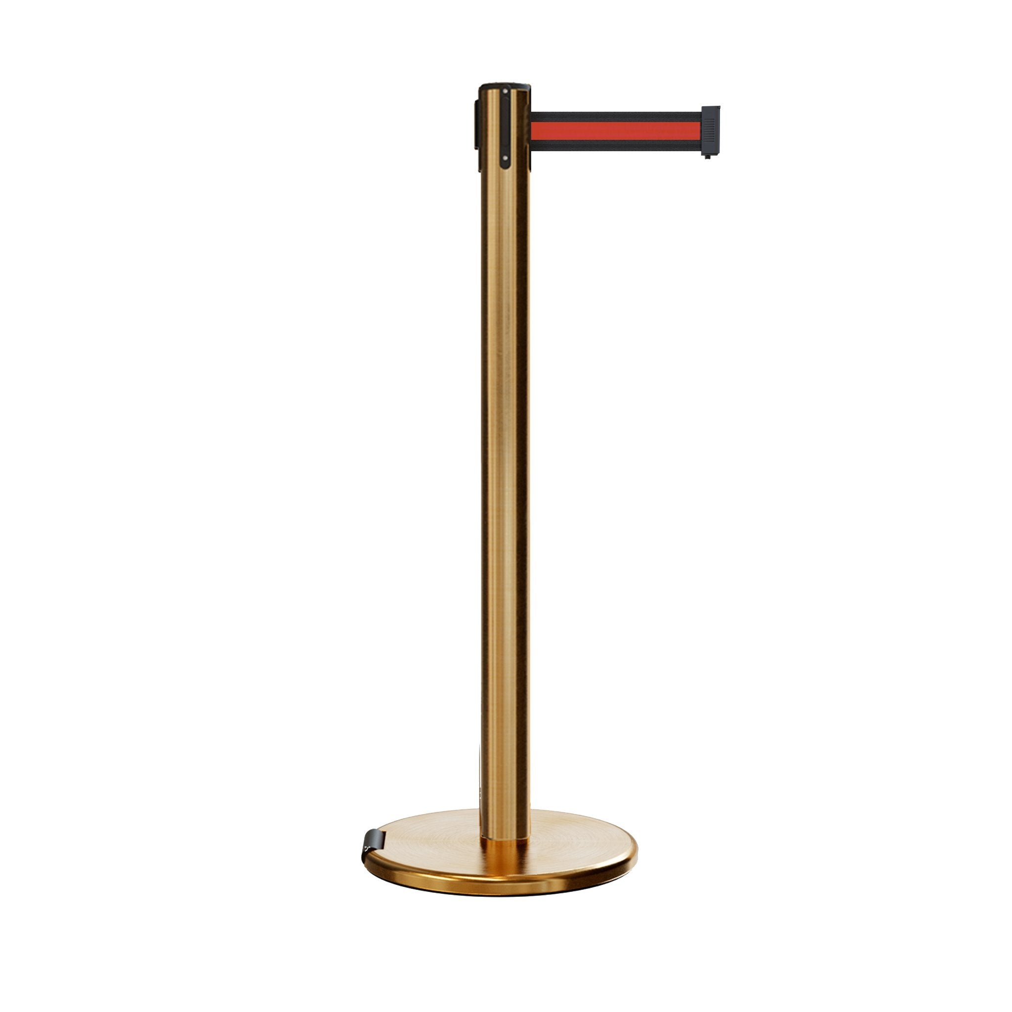 Retractable Belt Barrier Stanchion, Rolling Base, Satin Brass Post, 11 ft Belt - Montour Line ME630 - Crowd Control Warehouse