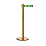Retractable Belt Barrier Stanchion, Rolling Base, Satin Brass Post, 11 ft Belt - Montour Line ME630 - Crowd Control Warehouse