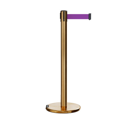 Retractable Belt Barrier Stanchion, Rolling Base, Satin Brass Post, 11 ft Belt - Montour Line ME630 - Crowd Control Warehouse