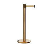 Retractable Belt Barrier Stanchion, Rolling Base, Satin Brass Post, 11 ft Belt - Montour Line ME630 - Crowd Control Warehouse