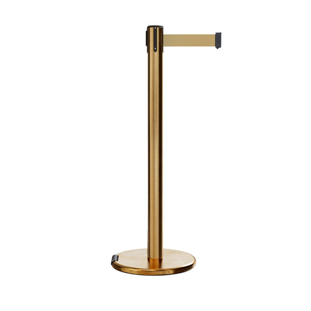 Retractable Belt Barrier Stanchion, Rolling Base, Satin Brass Post, 11 ft Belt - Montour Line ME630 - Crowd Control Warehouse