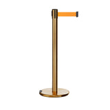 Retractable Belt Barrier Stanchion, Rolling Base, Satin Brass Post, 11 ft Belt - Montour Line ME630 - Crowd Control Warehouse