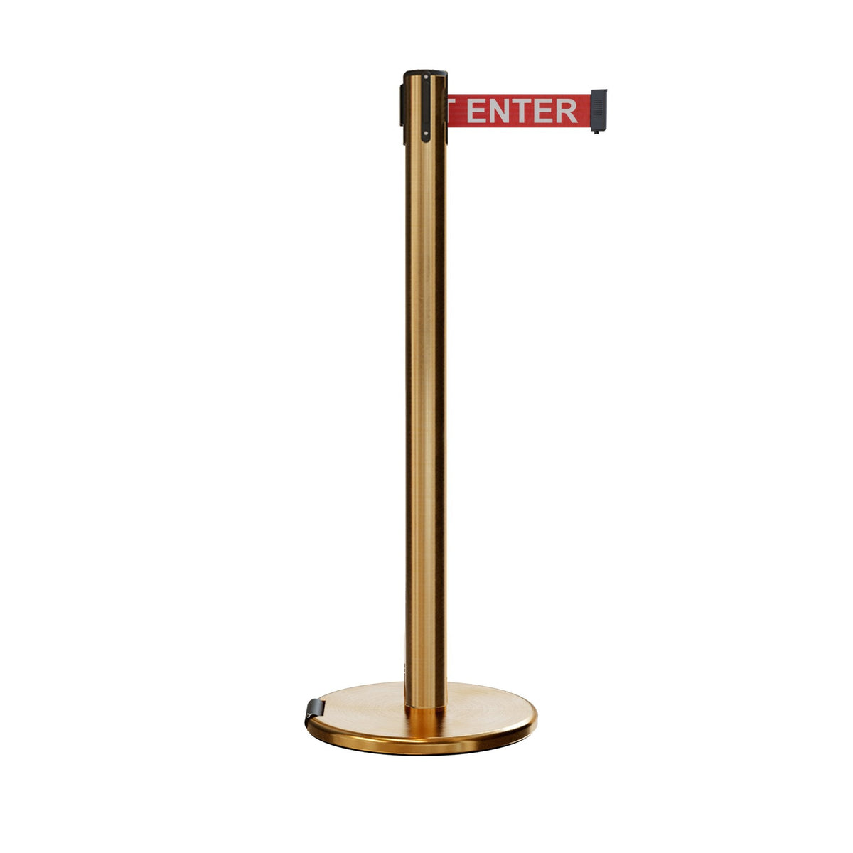 Retractable Belt Barrier Stanchion, Rolling Base, Satin Brass Post, 11 ft Belt - Montour Line ME630 - Crowd Control Warehouse