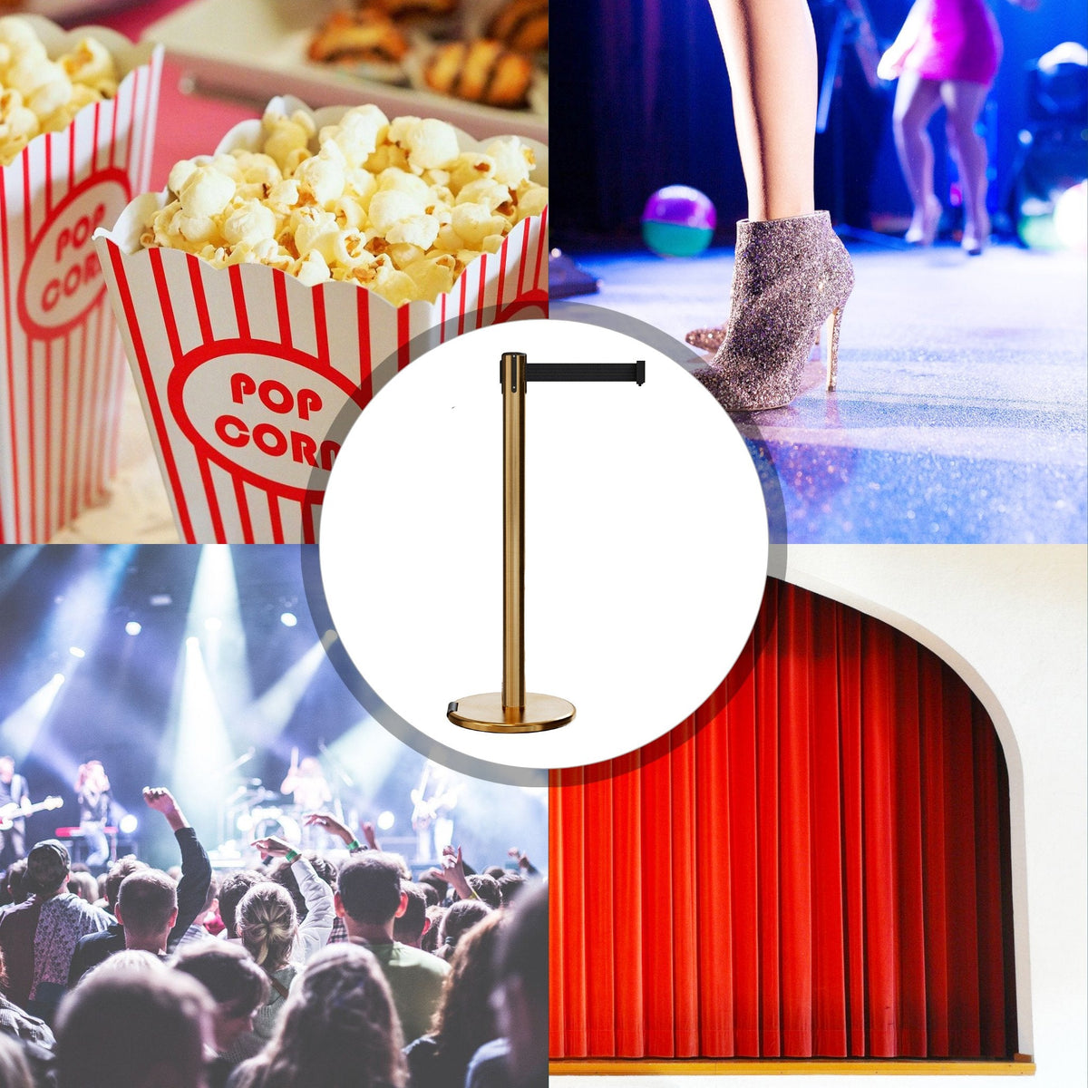 Retractable Belt Barrier Stanchion, Rolling Base, Satin Brass Post, 11 ft Belt - Montour Line ME630 - Crowd Control Warehouse