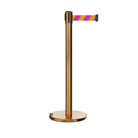 Retractable Belt Barrier Stanchion, Rolling Base, Satin Brass Post, 11 ft Belt - Montour Line ME630 - Crowd Control Warehouse