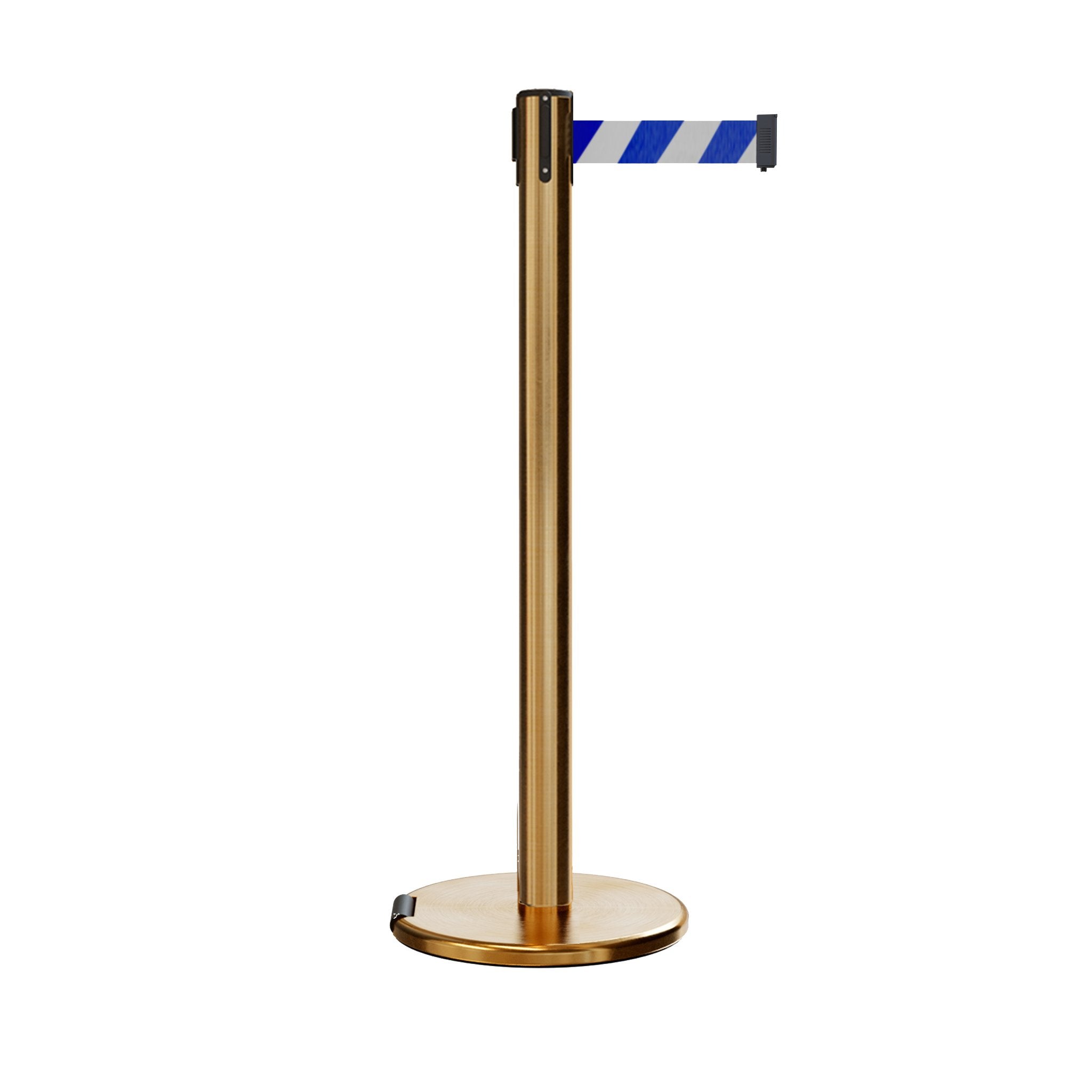 Retractable Belt Barrier Stanchion, Rolling Base, Satin Brass Post, 11 ft Belt - Montour Line ME630 - Crowd Control Warehouse