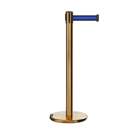 Retractable Belt Barrier Stanchion, Rolling Base, Satin Brass Post, 11 ft Belt - Montour Line ME630 - Crowd Control Warehouse