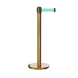 Retractable Belt Barrier Stanchion, Rolling Base, Satin Brass Post, 11 ft Belt - Montour Line ME630 - Crowd Control Warehouse