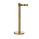 Retractable Belt Barrier Stanchion, Rolling Base, Satin Brass Post, 11 ft Belt - Montour Line ME630 - Crowd Control Warehouse
