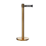 Retractable Belt Barrier Stanchion, Rolling Base, Satin Brass Post, 7.5 ft Belt - Montour Line ME630 - Crowd Control Warehouse