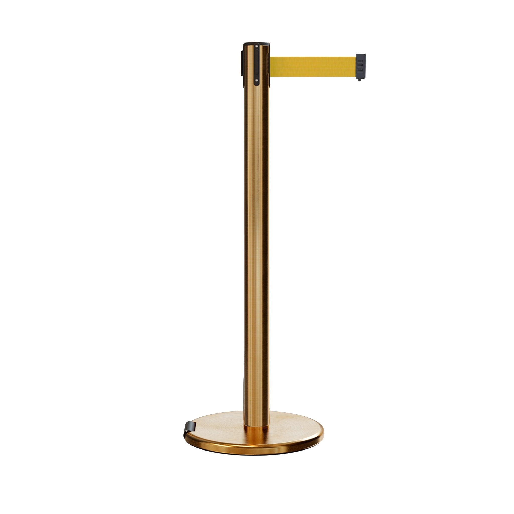 Retractable Belt Barrier Stanchion, Rolling Base, Satin Brass Post, 7.5 ft Belt - Montour Line ME630 - Crowd Control Warehouse