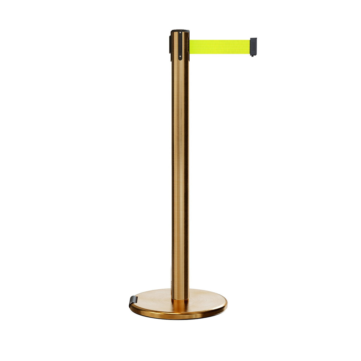 Retractable Belt Barrier Stanchion, Rolling Base, Satin Brass Post, 7.5 ft Belt - Montour Line ME630 - Crowd Control Warehouse