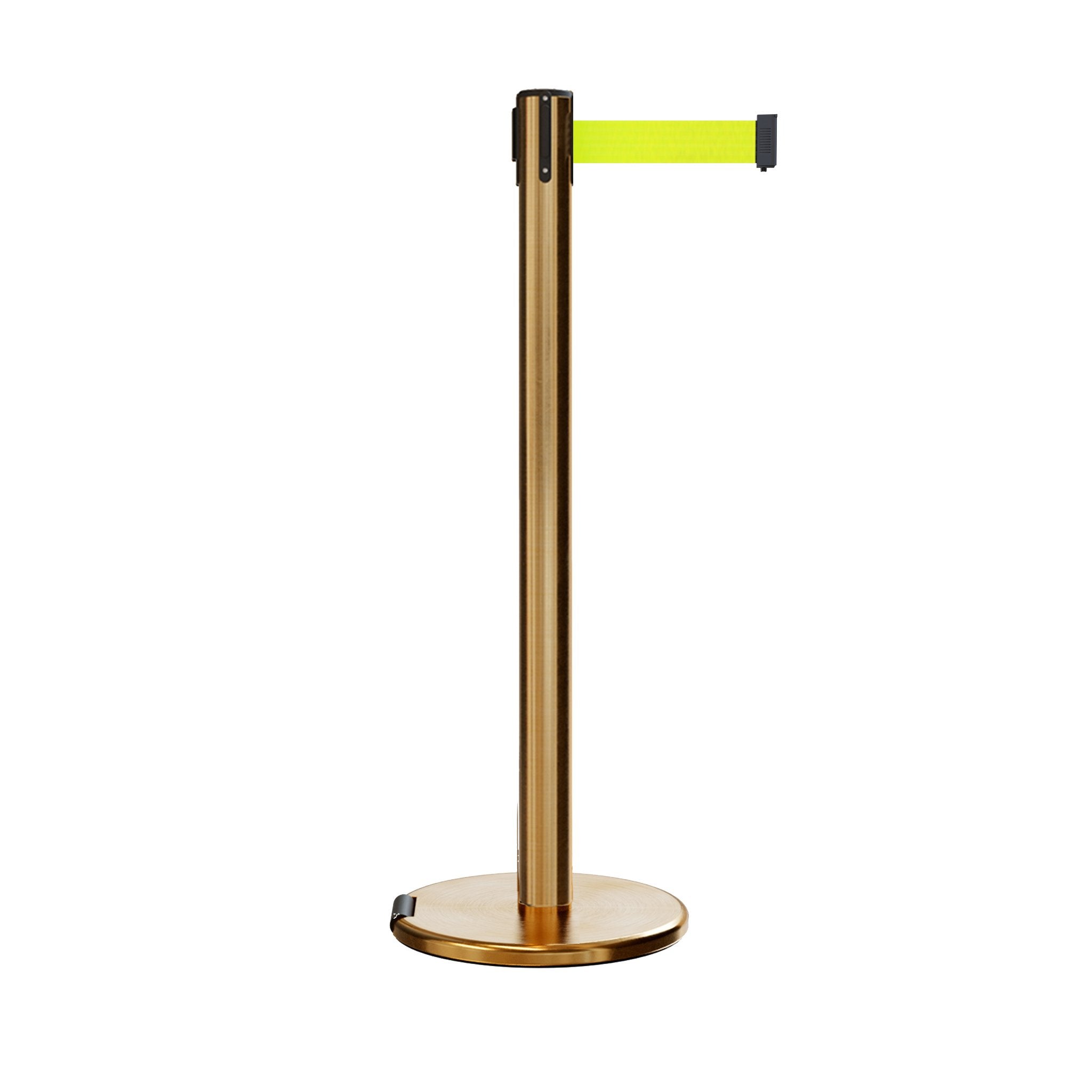 Retractable Belt Barrier Stanchion, Rolling Base, Satin Brass Post, 7.5 ft Belt - Montour Line ME630 - Crowd Control Warehouse