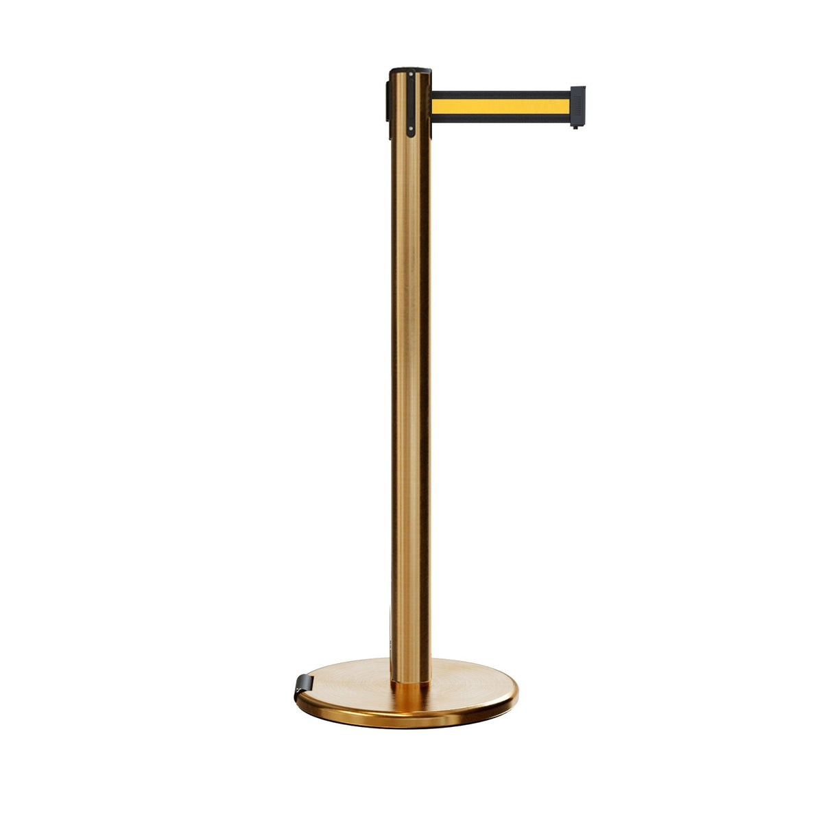 Retractable Belt Barrier Stanchion, Rolling Base, Satin Brass Post, 7.5 ft Belt - Montour Line ME630 - Crowd Control Warehouse