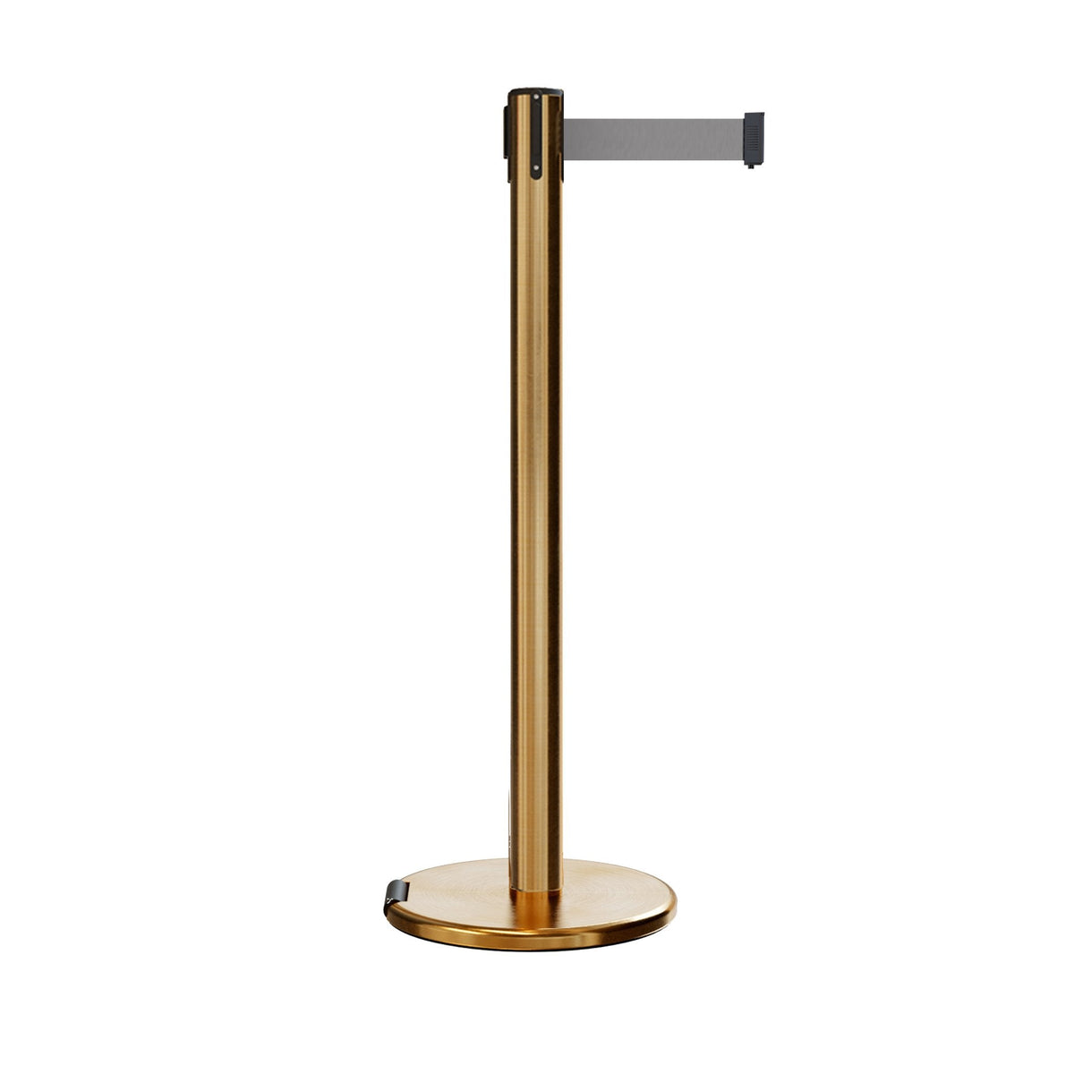 Retractable Belt Barrier Stanchion, Rolling Base, Satin Brass Post, 7.5 ft Belt - Montour Line ME630 - Crowd Control Warehouse