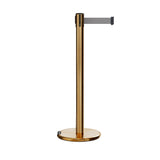 Retractable Belt Barrier Stanchion, Rolling Base, Satin Brass Post, 7.5 ft Belt - Montour Line ME630 - Crowd Control Warehouse