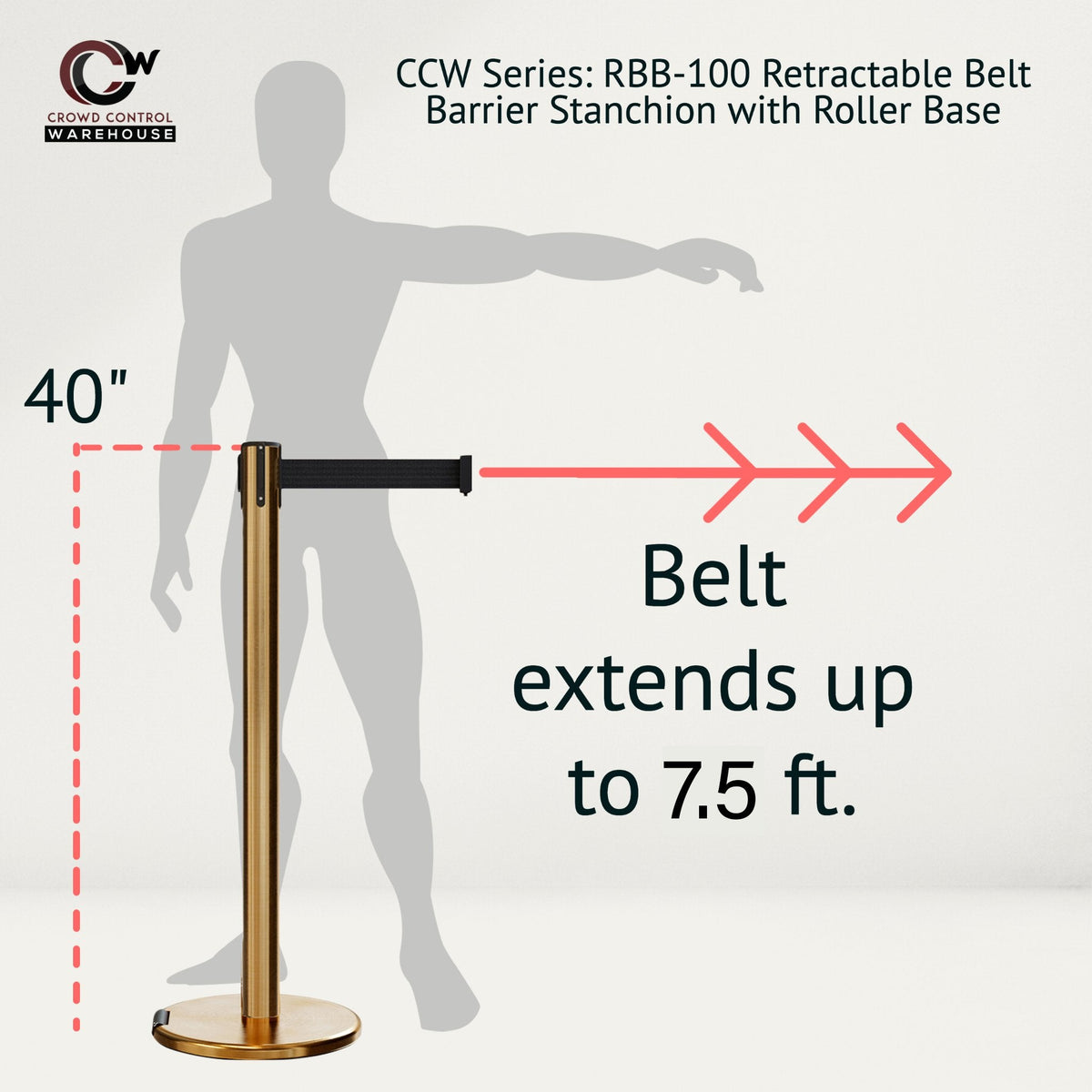 Retractable Belt Barrier Stanchion, Rolling Base, Satin Brass Post, 7.5 ft Belt - Montour Line ME630 - Crowd Control Warehouse