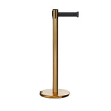 Retractable Belt Barrier Stanchion, Rolling Base, Satin Brass Post, 7.5 ft Belt - Montour Line ME630 - Crowd Control Warehouse