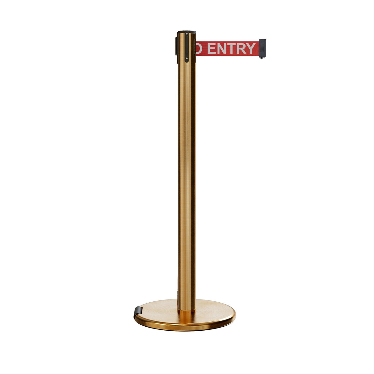 Retractable Belt Barrier Stanchion, Rolling Base, Satin Brass Post, 7.5 ft Belt - Montour Line ME630 - Crowd Control Warehouse