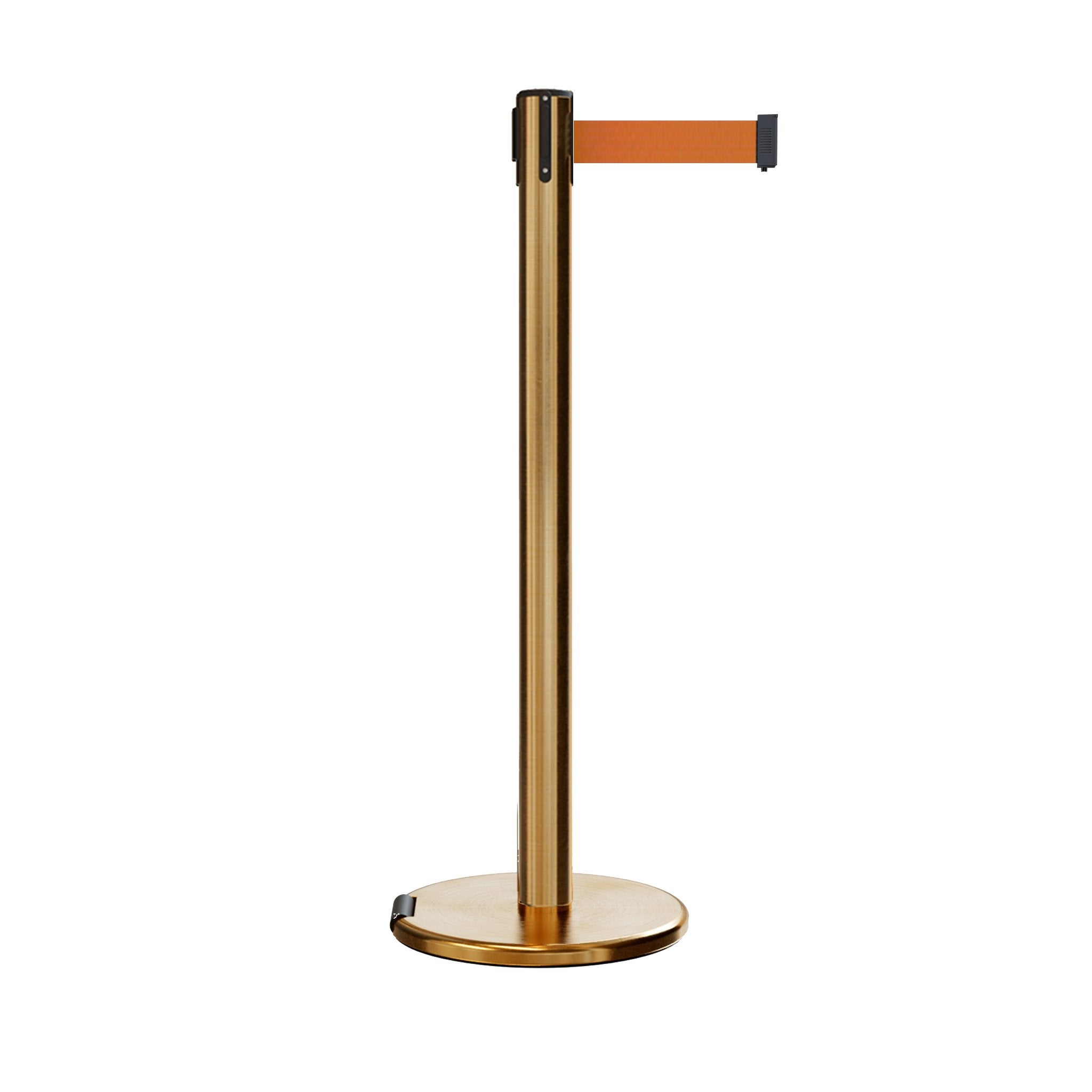 Retractable Belt Barrier Stanchion, Rolling Base, Satin Brass Post, 7.5 ft Belt - Montour Line ME630 - Crowd Control Warehouse