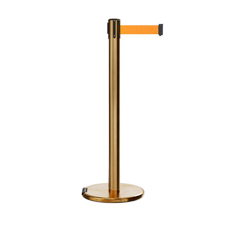 Retractable Belt Barrier Stanchion, Rolling Base, Satin Brass Post, 7.5 ft Belt - Montour Line ME630 - Crowd Control Warehouse
