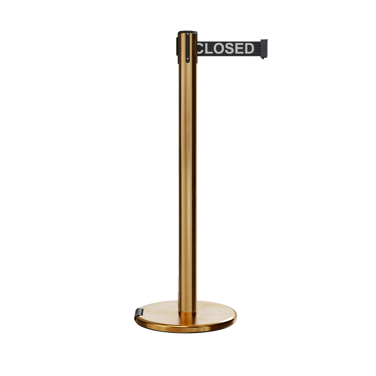 Retractable Belt Barrier Stanchion, Rolling Base, Satin Brass Post, 7.5 ft Belt - Montour Line ME630 - Crowd Control Warehouse
