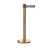 Retractable Belt Barrier Stanchion, Rolling Base, Satin Brass Post, 7.5 ft Belt - Montour Line ME630 - Crowd Control Warehouse