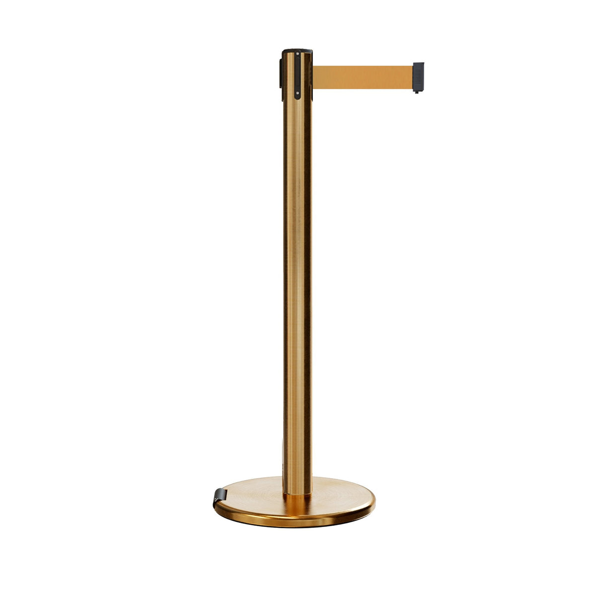 Retractable Belt Barrier Stanchion, Rolling Base, Satin Brass Post, 7.5 ft Belt - Montour Line ME630 - Crowd Control Warehouse
