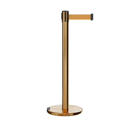 Retractable Belt Barrier Stanchion, Rolling Base, Satin Brass Post, 7.5 ft Belt - Montour Line ME630 - Crowd Control Warehouse