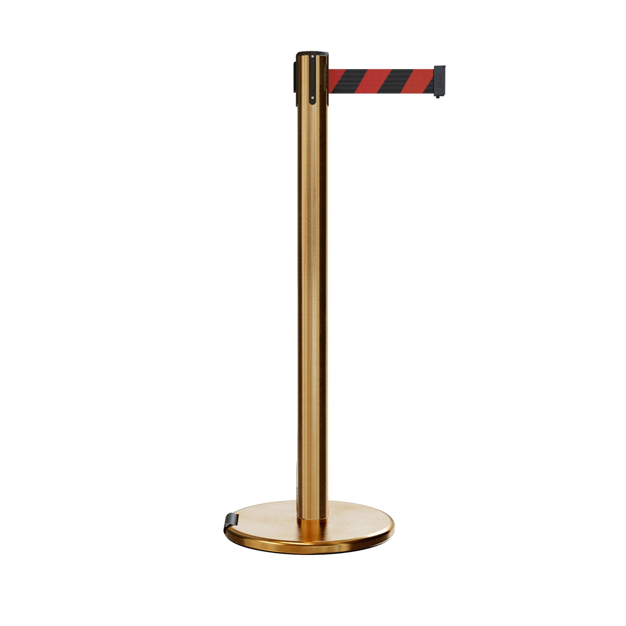 Retractable Belt Barrier Stanchion, Rolling Base, Satin Brass Post, 7.5 ft Belt - Montour Line ME630 - Crowd Control Warehouse