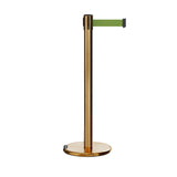 Retractable Belt Barrier Stanchion, Rolling Base, Satin Brass Post, 7.5 ft Belt - Montour Line ME630 - Crowd Control Warehouse