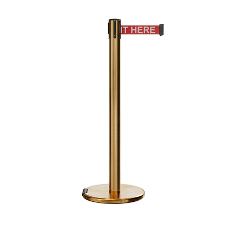 Retractable Belt Barrier Stanchion, Rolling Base, Satin Brass Post, 7.5 ft Belt - Montour Line ME630 - Crowd Control Warehouse