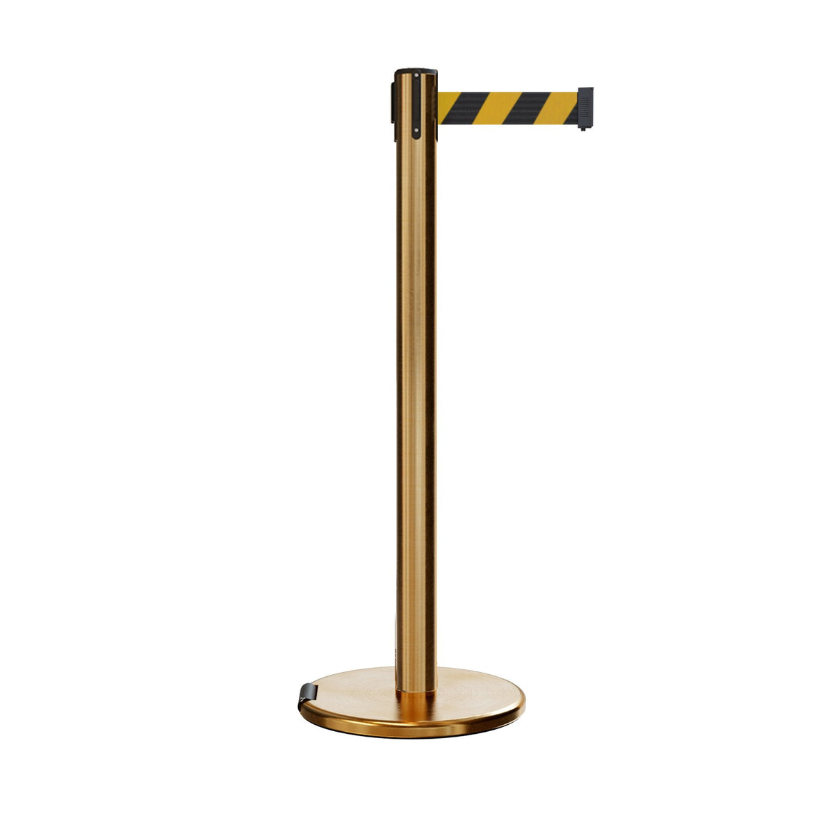 Retractable Belt Barrier Stanchion, Rolling Base, Satin Brass Post, 7.5 ft Belt - Montour Line ME630 - Crowd Control Warehouse