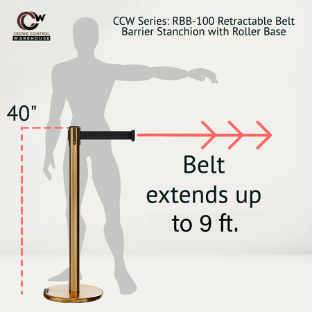 Retractable Belt Barrier Stanchion, Rolling Base, Satin Brass Post, 9 ft Belt - Montour Line ME630 - Crowd Control Warehouse