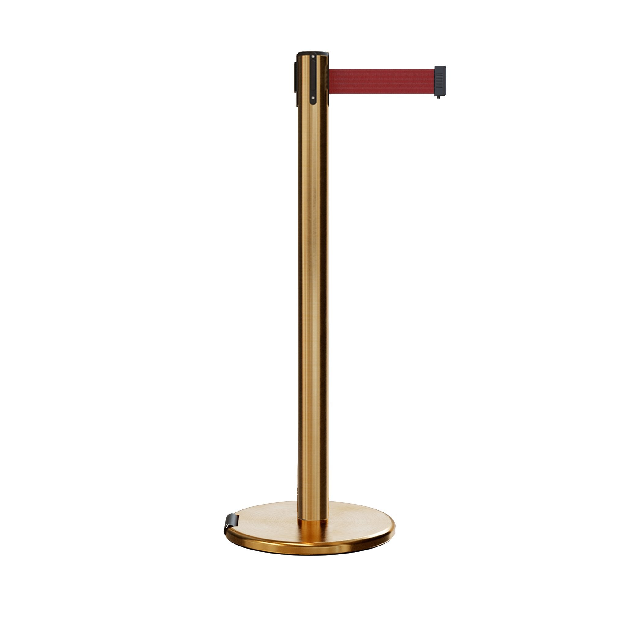 Retractable Belt Barrier Stanchion, Rolling Base, Satin Brass Post, 9 ft Belt - Montour Line ME630 - Crowd Control Warehouse