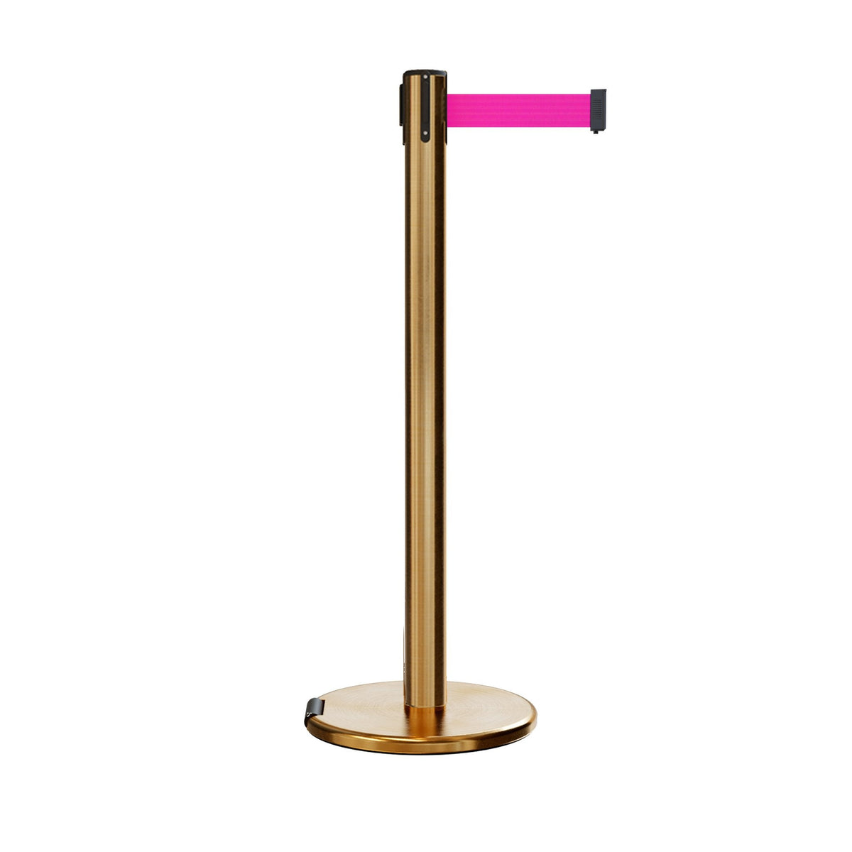 Retractable Belt Barrier Stanchion, Rolling Base, Satin Brass Post, 9 ft Belt - Montour Line ME630 - Crowd Control Warehouse