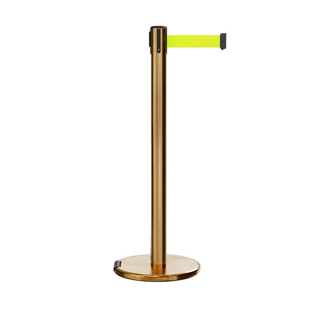 Retractable Belt Barrier Stanchion, Rolling Base, Satin Brass Post, 9 ft Belt - Montour Line ME630 - Crowd Control Warehouse